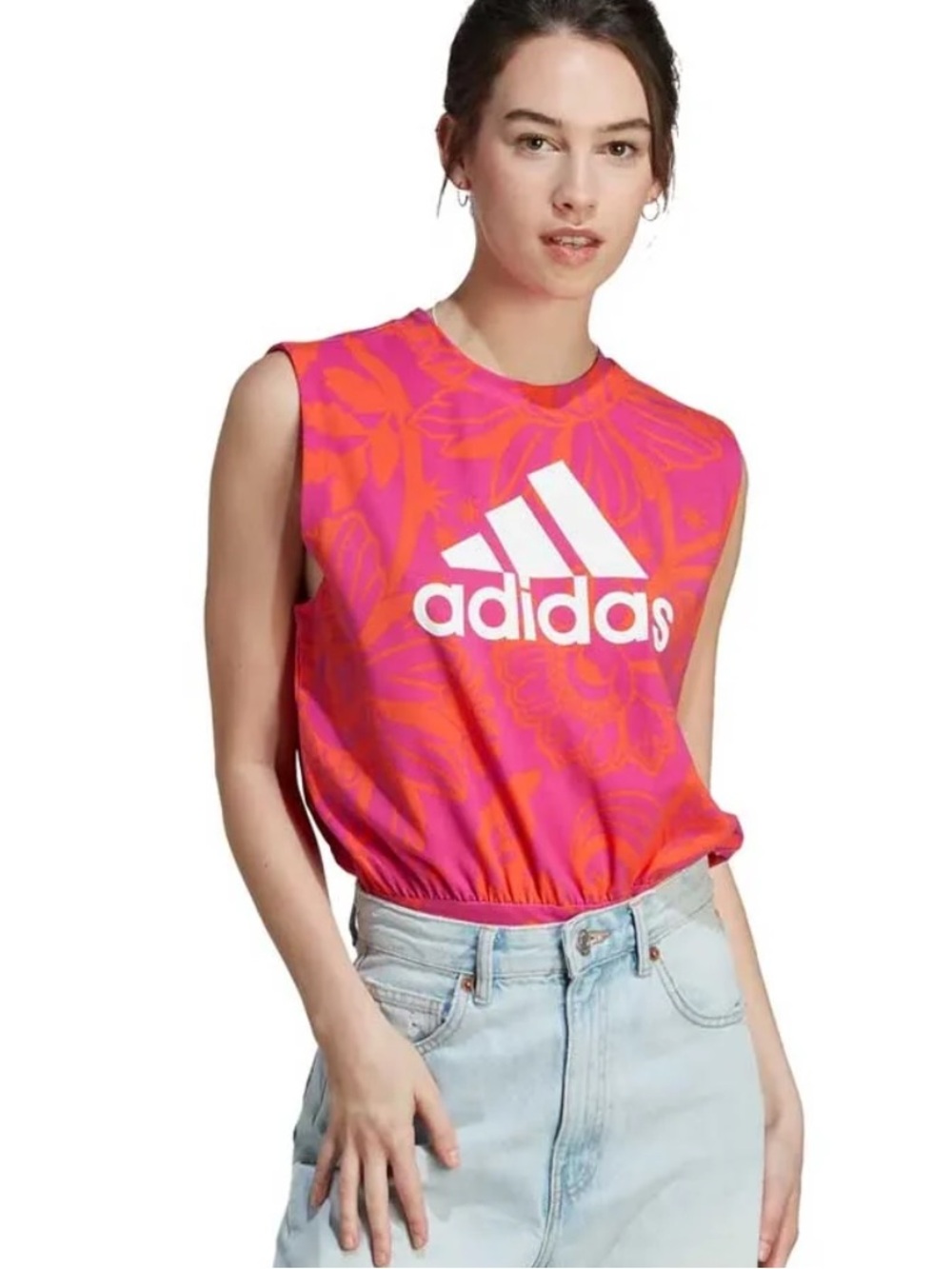 Farm Rio X Adidas pink floral sleeveless bodysuit top size XL